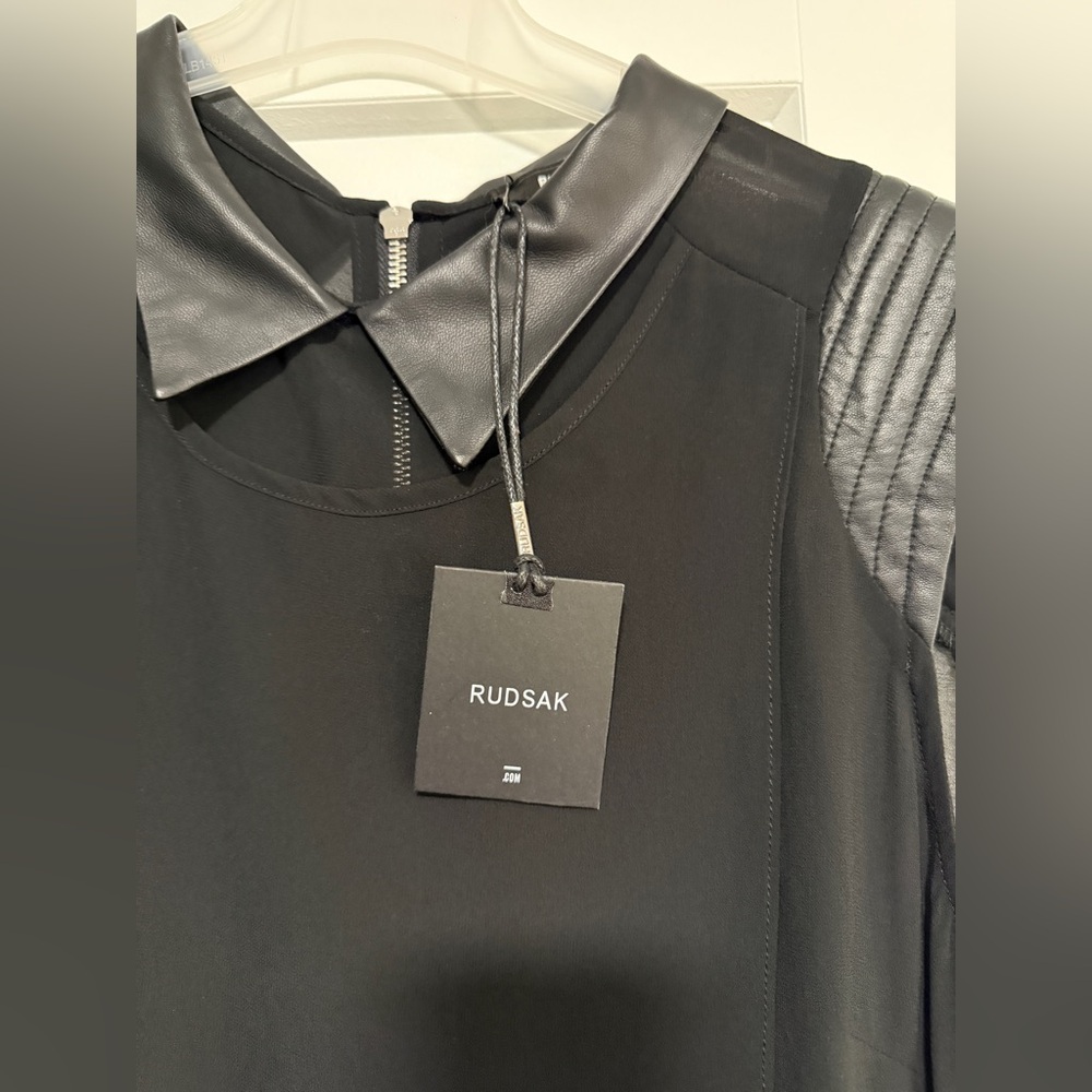 RUDSAK Black Chiffon Dress w/ Leather Trim — NWT